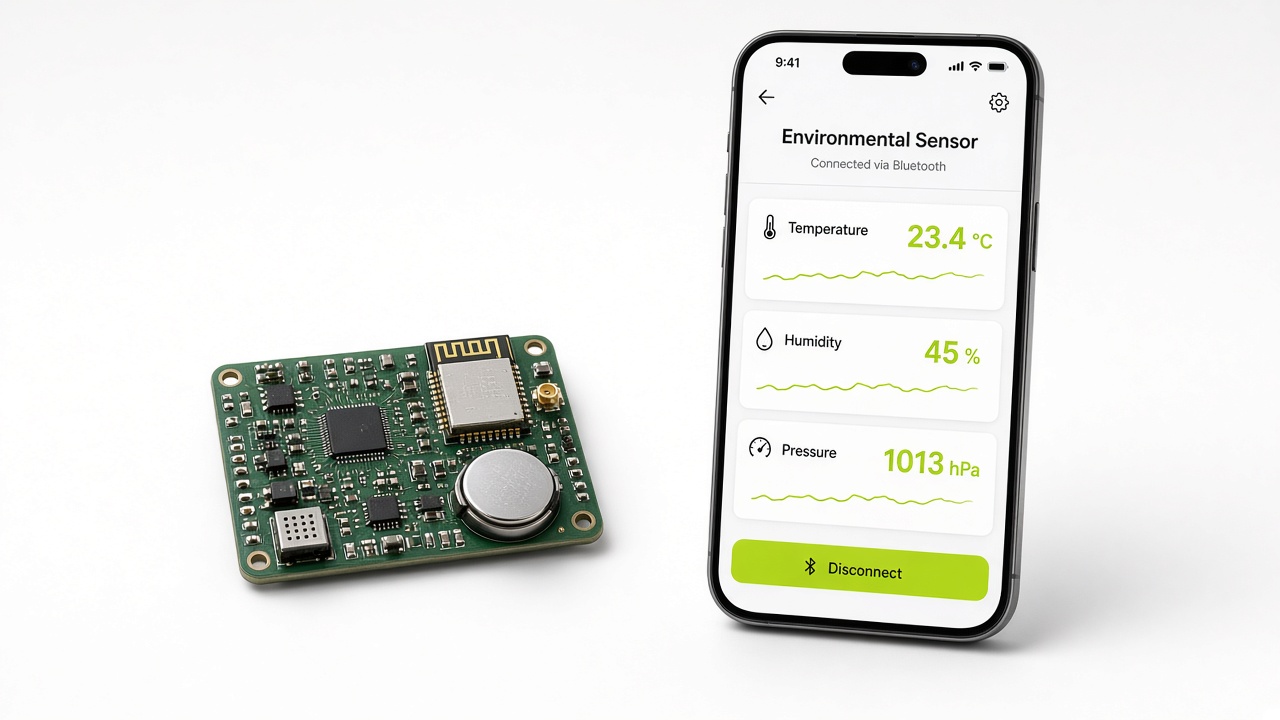 IoT PCB beside a smartphone dashboard